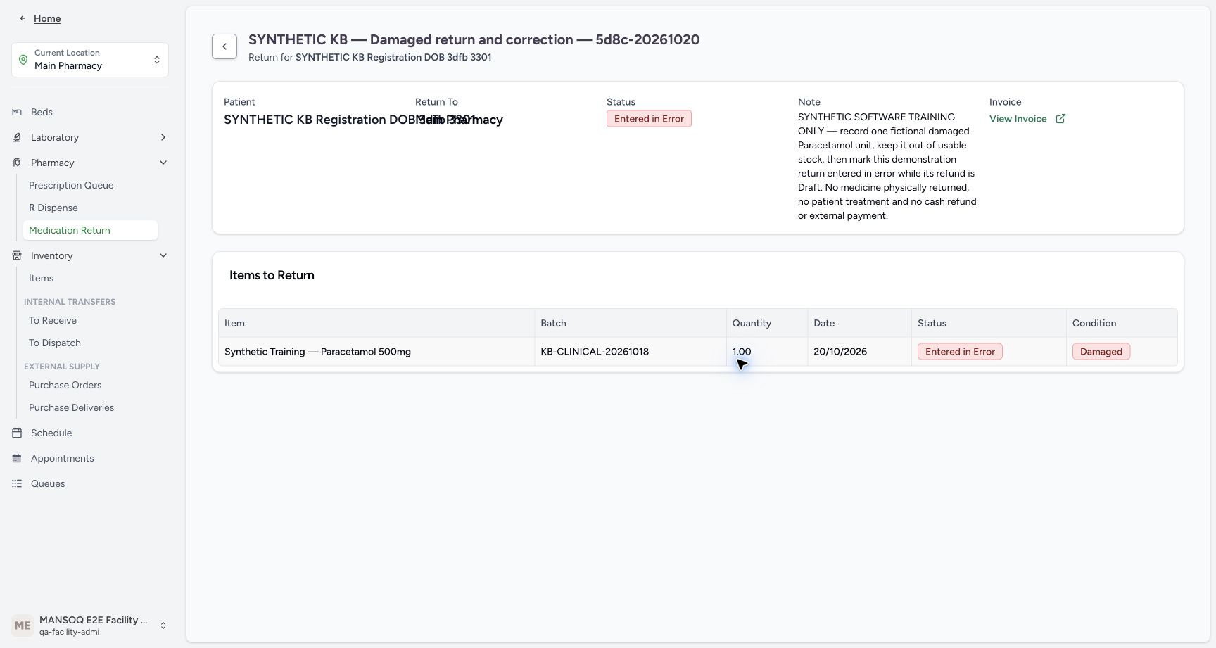 Parent and one-unit child both show Entered in Error; Damaged condition remains visible and View Invoice is available.