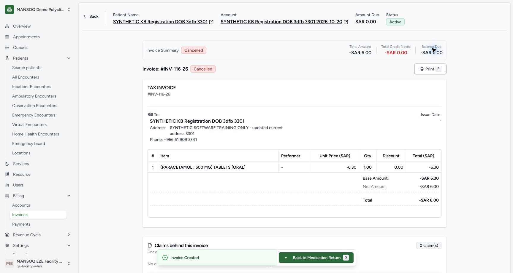 The same refund invoice shows Cancelled and blank Issue Date; account Amount Due is SAR 0.00 while the document retains its negative historical total.