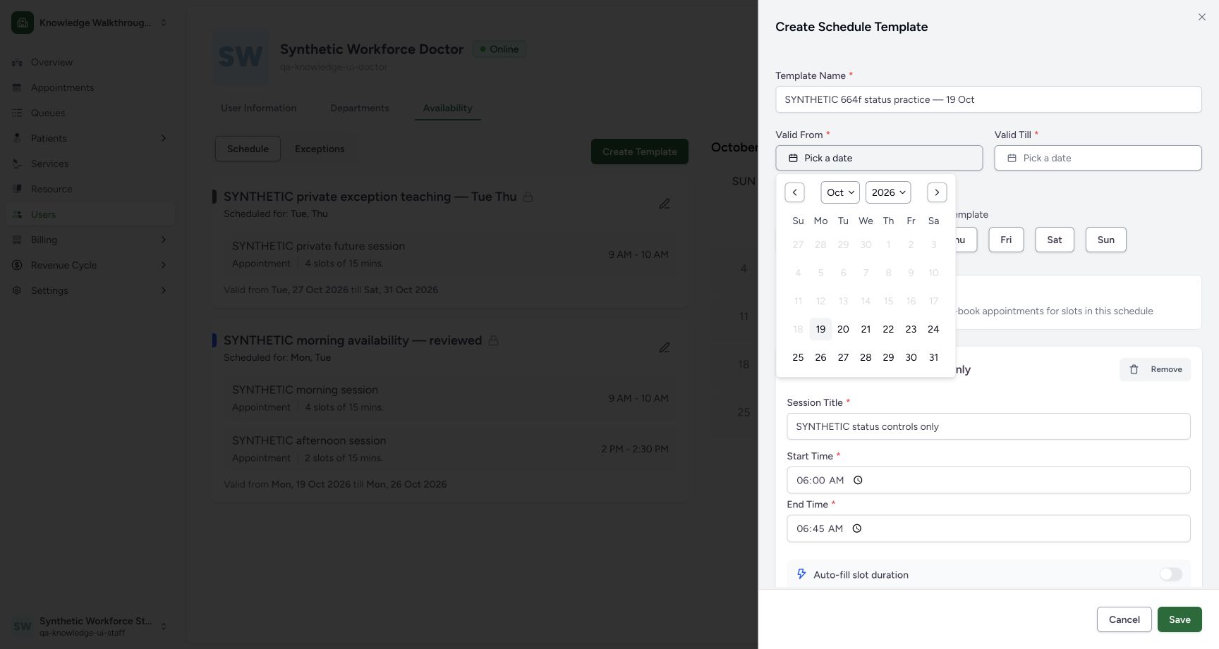 Recognize the date picker’s current-day option. Actual synthetic Clinic scheduling in MANSOQ.