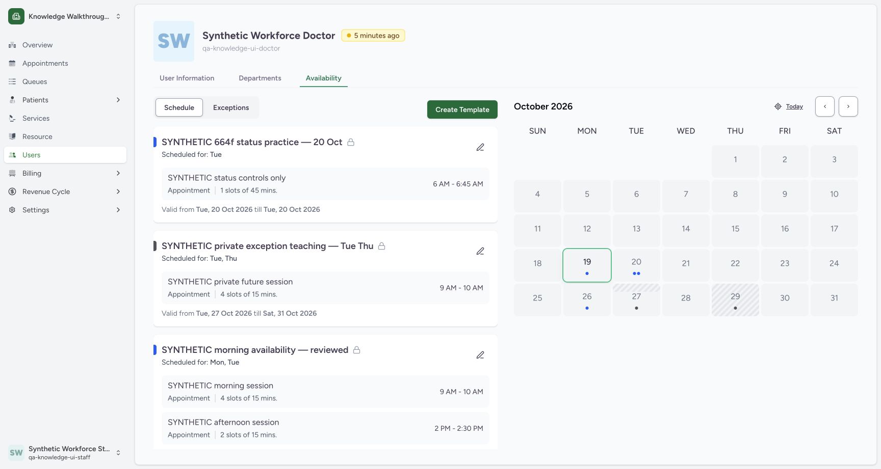 Verify the saved private future template. Actual synthetic Clinic scheduling in MANSOQ.