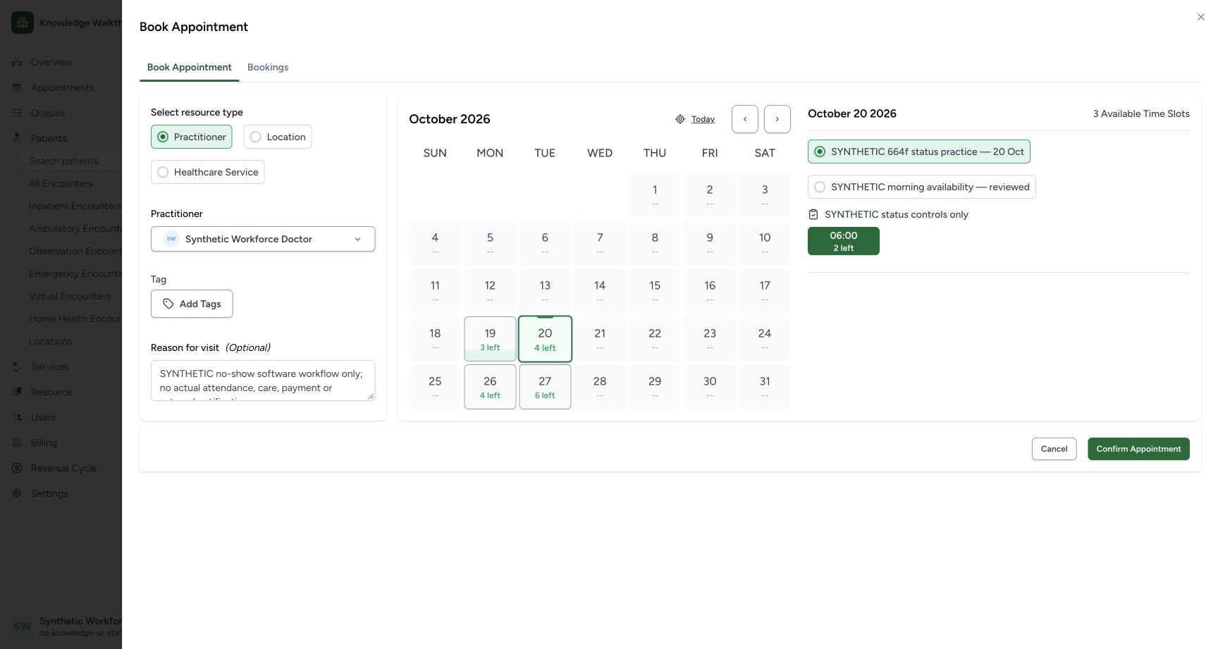 Review the selected future slot with two places. Actual synthetic Clinic scheduling in MANSOQ.