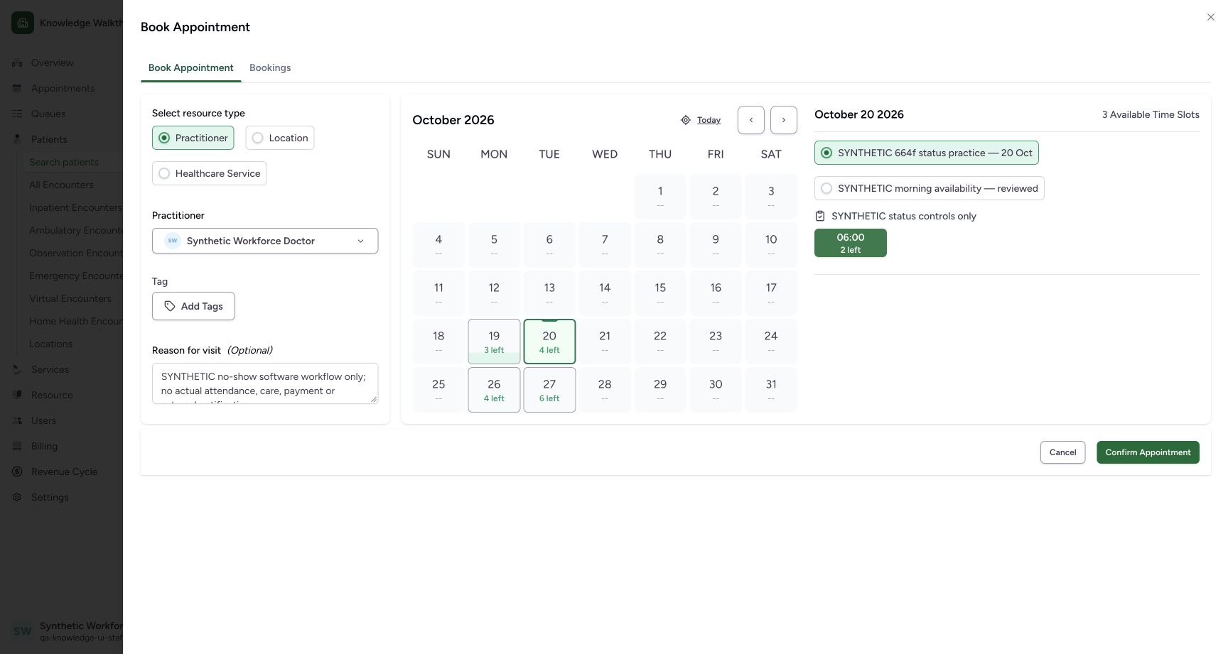 Confirm the first fictional booking. Actual synthetic Clinic scheduling in MANSOQ.