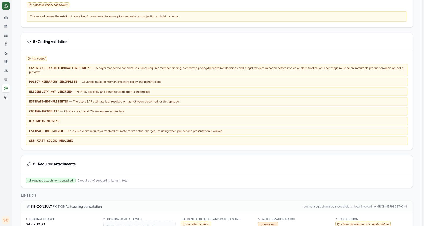 Read all eight preserved claim edits. Genuine wide MANSOQ screen with fictional local training records.