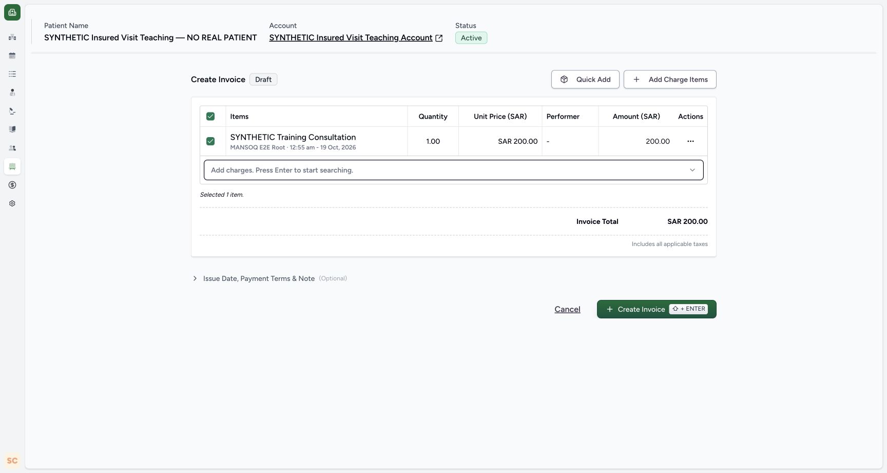 Inspect the committed charge before draft creation. Genuine wide MANSOQ screen with fictional local training records.