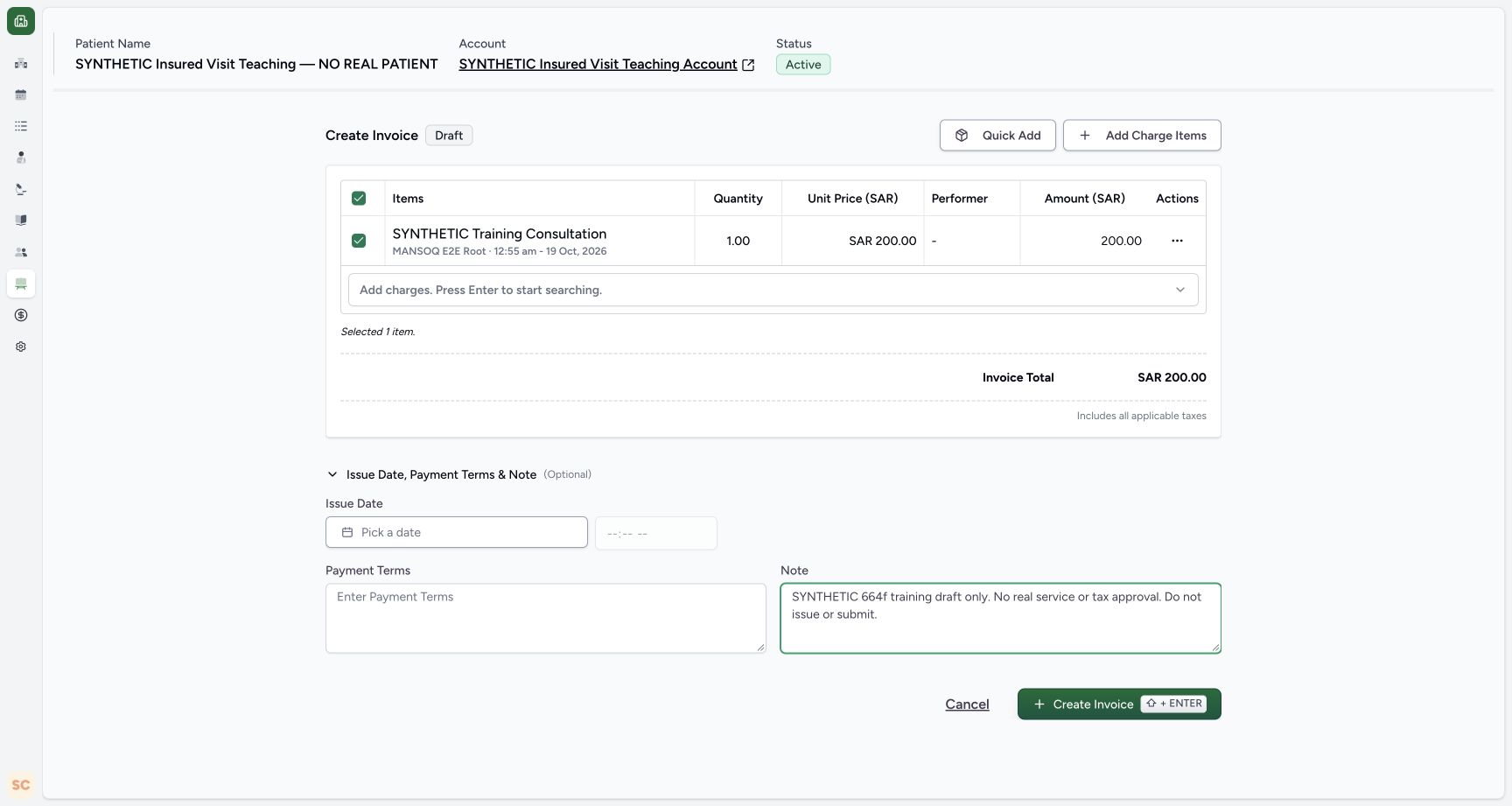 Review the fictional note and create one draft. Genuine wide MANSOQ screen with fictional local training records.