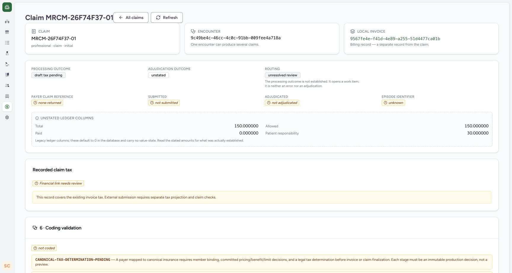 Read the new invoice-linked held claim. Genuine wide MANSOQ screen with fictional local training records.