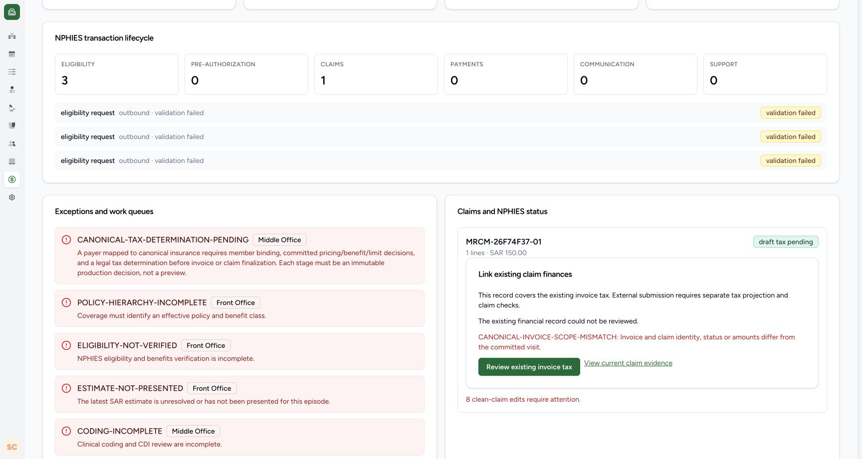 Read the actual draft-invoice review refusal. Genuine wide MANSOQ screen with fictional local training records.