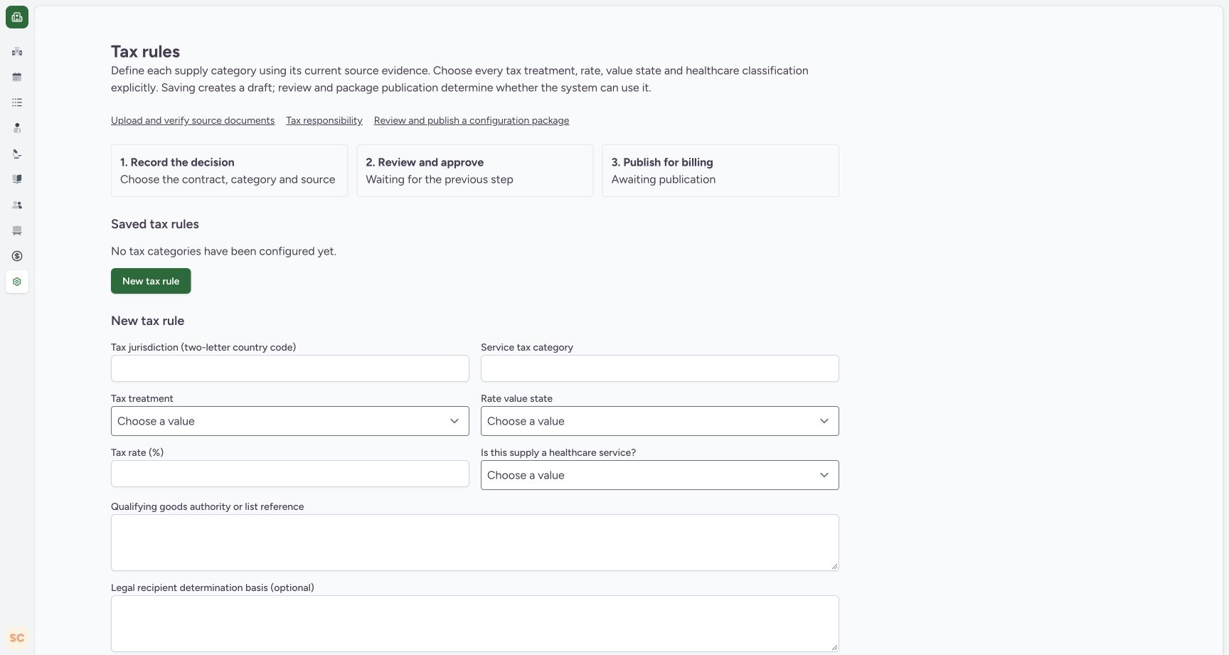 Read the empty tax-rule register. Genuine wide MANSOQ screen with fictional local training records.