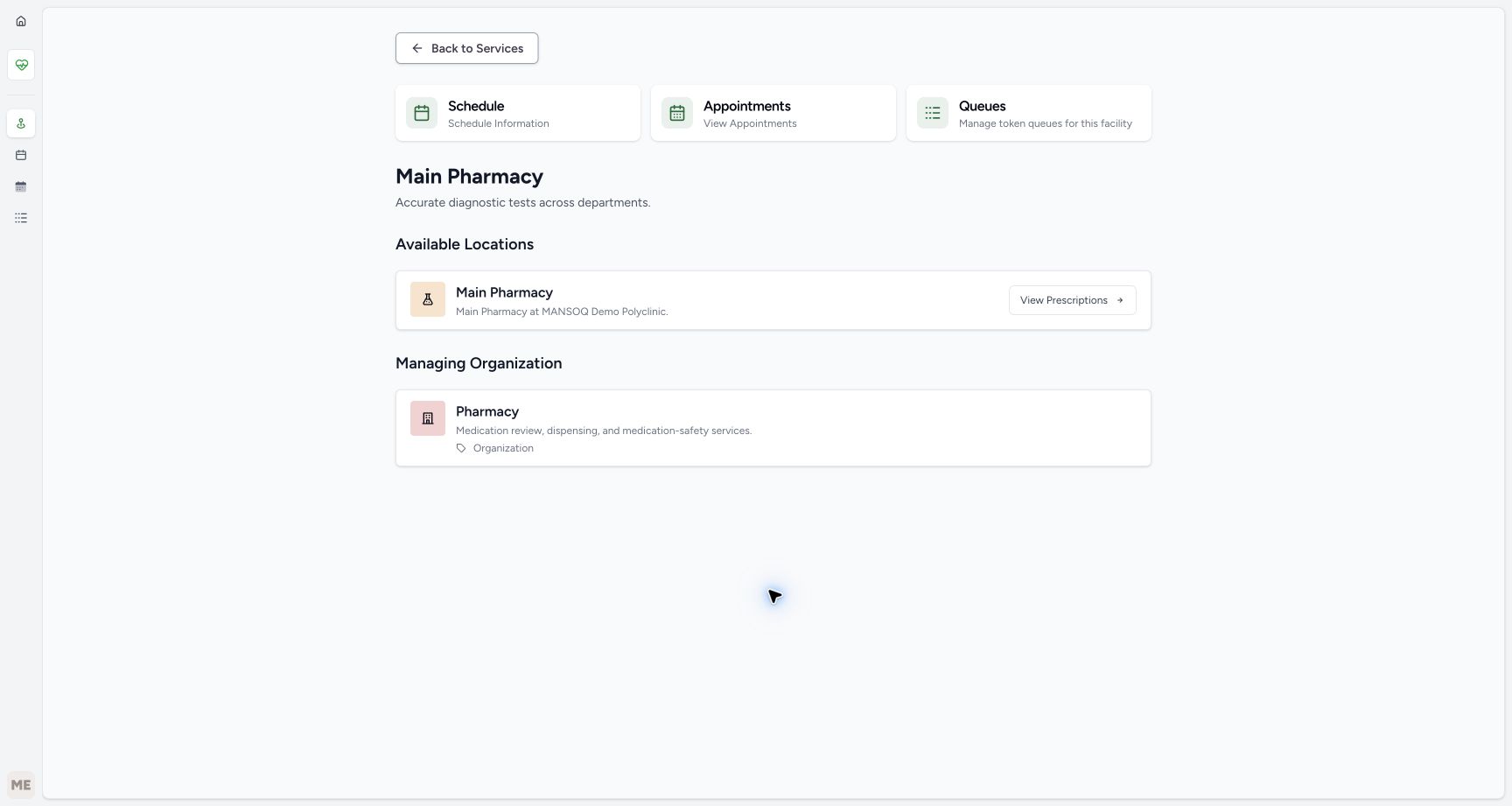 Main Pharmacy has an available Main Pharmacy location at MANSOQ Demo Polyclinic, with a visible View Prescriptions action.