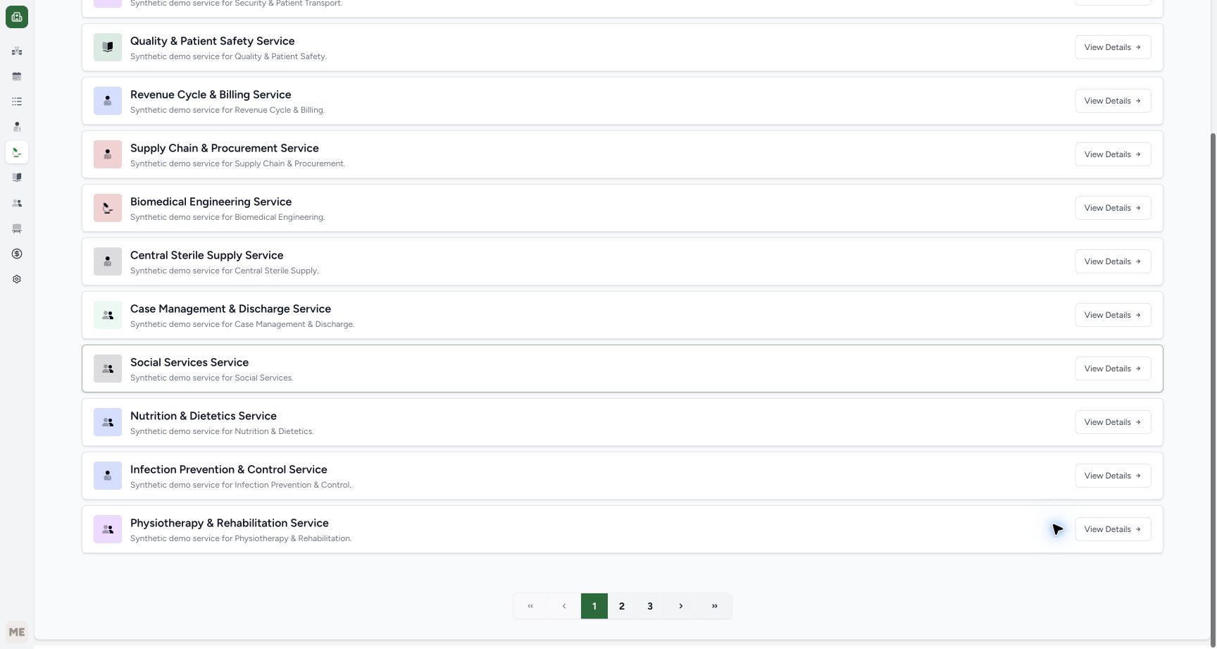 At the bottom of Services, page 1 is selected and page 3 is a visible numbered control. The page controls are fully visible for the ordinary discovery path.