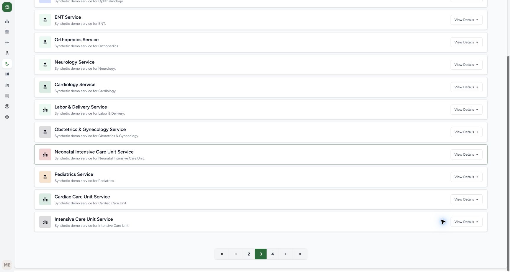 The bottom of Services shows page 3 selected and a visible page 4 control. Main Pharmacy is on page 4 in this observed service list.