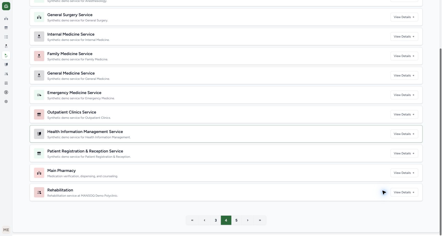 The settled page 4 view fully shows the Main Pharmacy card and its View Details action. Its description mentions medication verification, dispensing and counseling.