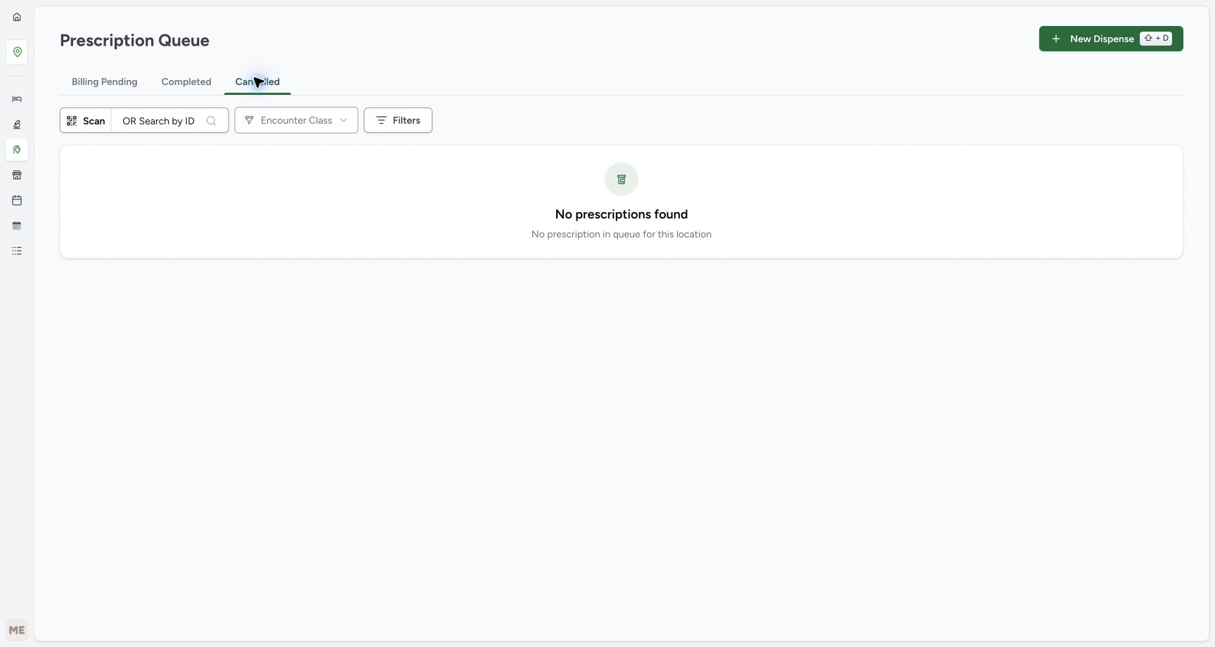 After B is reactivated, this location’s freshly loaded Cancelled tab shows No prescriptions found. This is a scoped queue result, not a claim that all cancelled records were deleted.