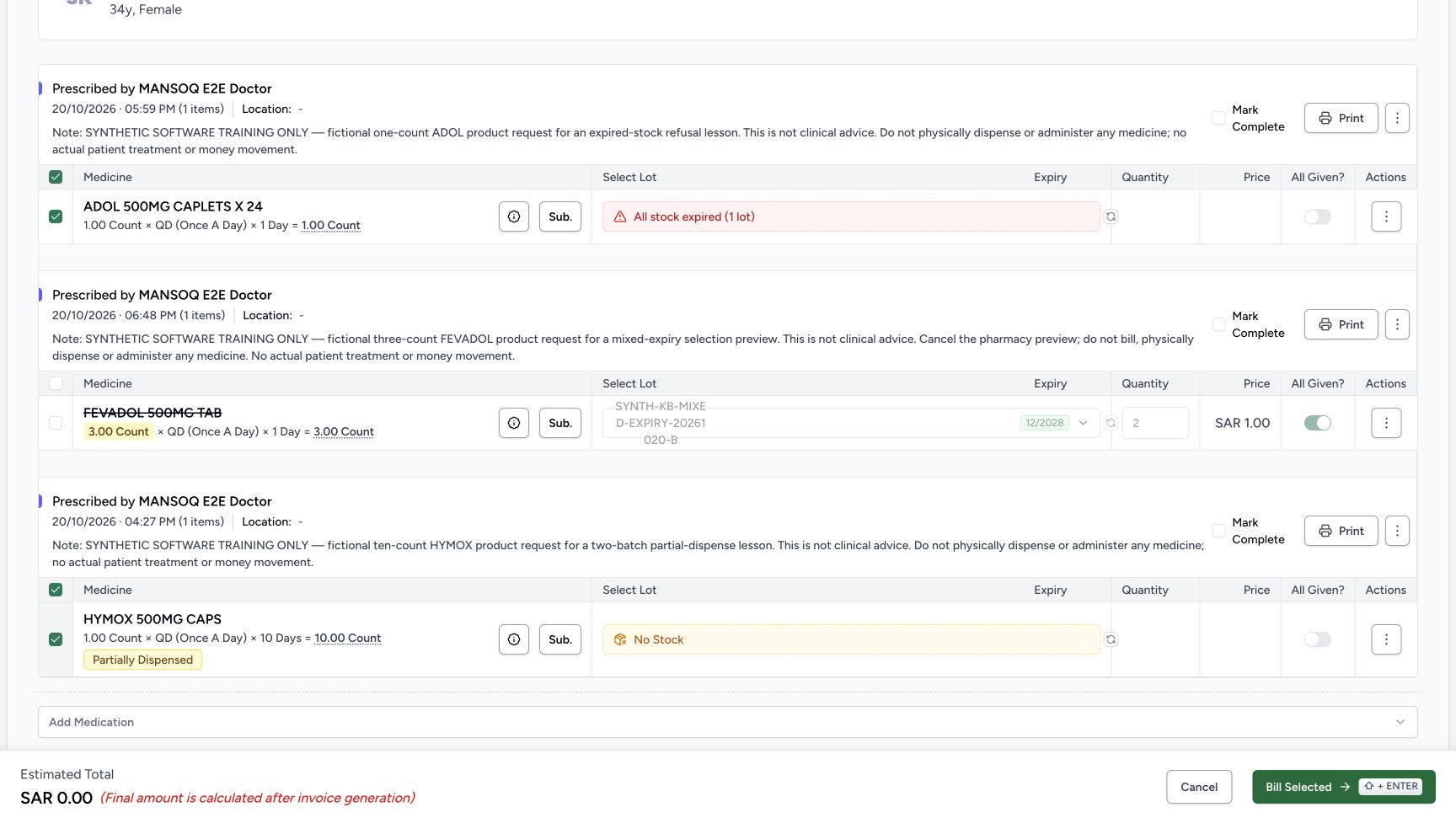 HYMOX remains selected, but its Mark Complete and All Given are manually OFF. ADOL remains selected with both controls OFF; FEVADOL remains excluded with retained disabled All Given ON.