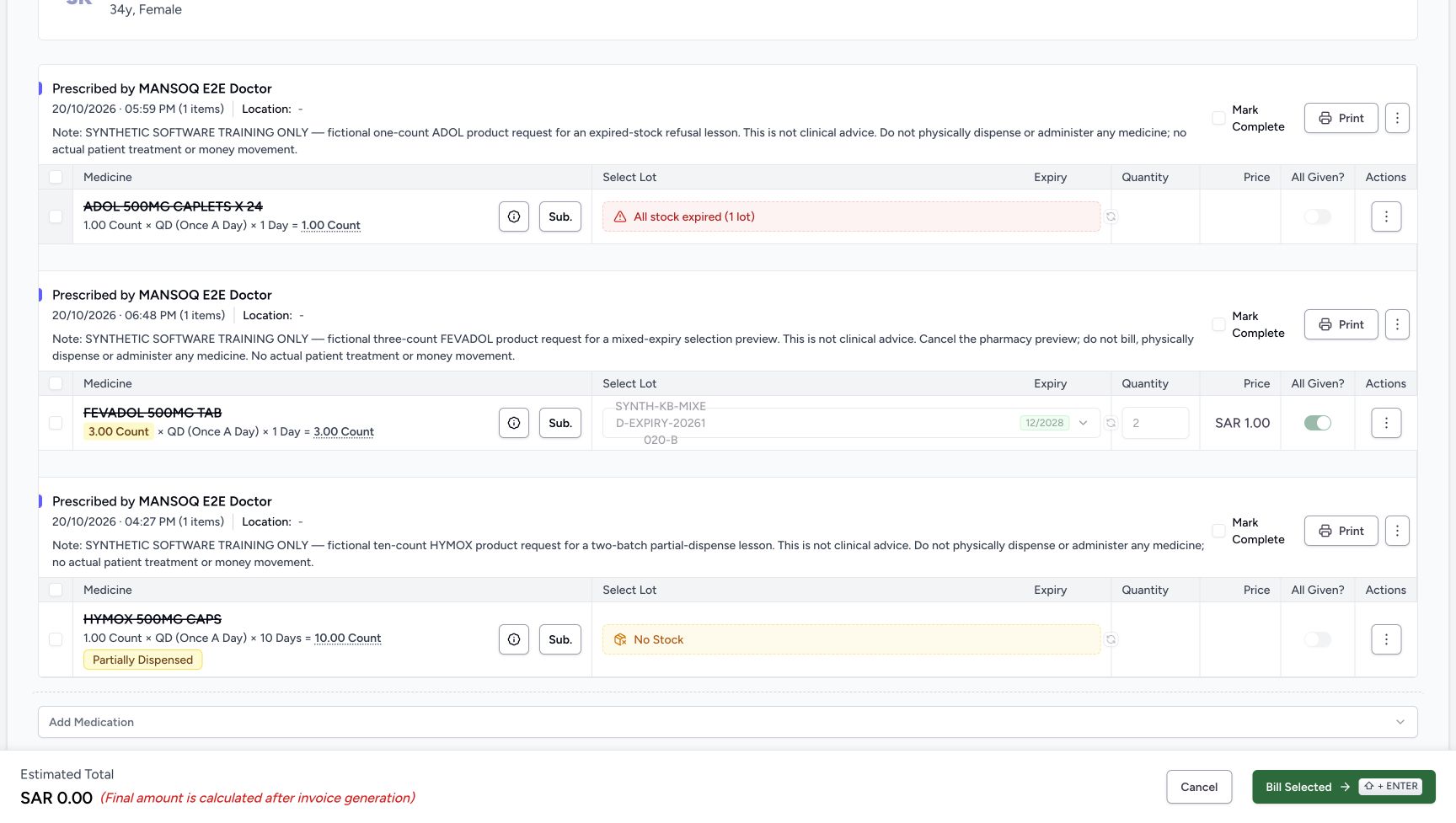 All three group headers, all three row checkboxes and all three Mark Complete checkboxes are OFF. ADOL/HYMOX All Given are OFF and disabled; FEVADOL All Given remains ON and disabled. The estimate is zero, but Bill Selected is still enabled.