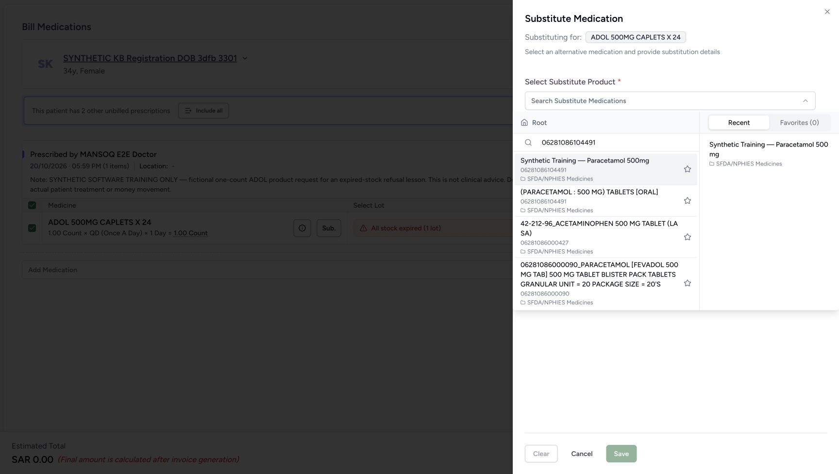 Search code 06281086104491 returns a synthetic training title and another catalogue result carrying the same code. The intended choice is Synthetic Training — Paracetamol 500mg under SFDA/NPHIES Medicines.