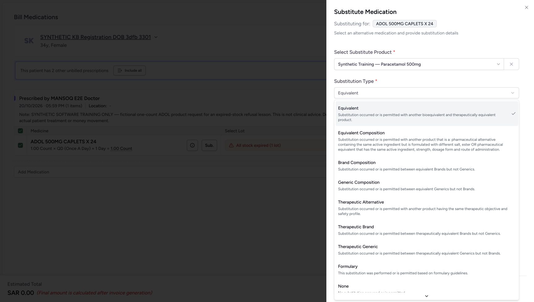 The open Type list shows the configured software options and descriptions. Equivalent is selected; the lower None description is only partly visible in this top position.