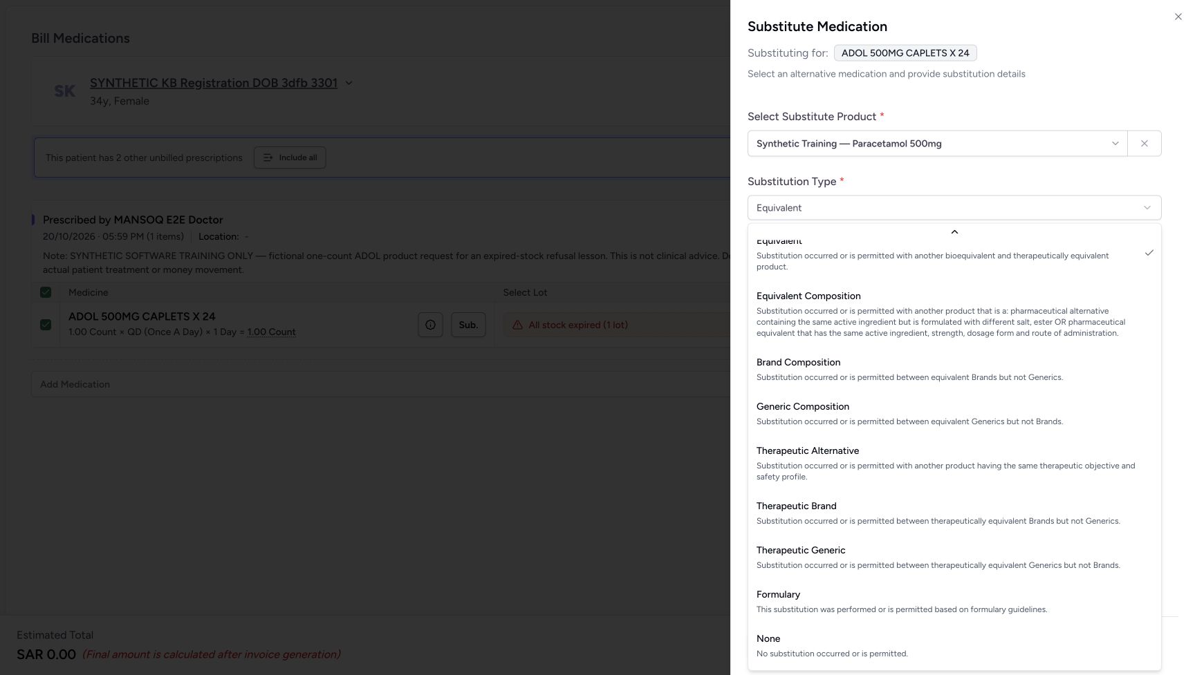 The Type dropdown was scrolled just enough to show None and its complete description, No substitution occurred or is permitted. Equivalent remains selected; None was not applied.