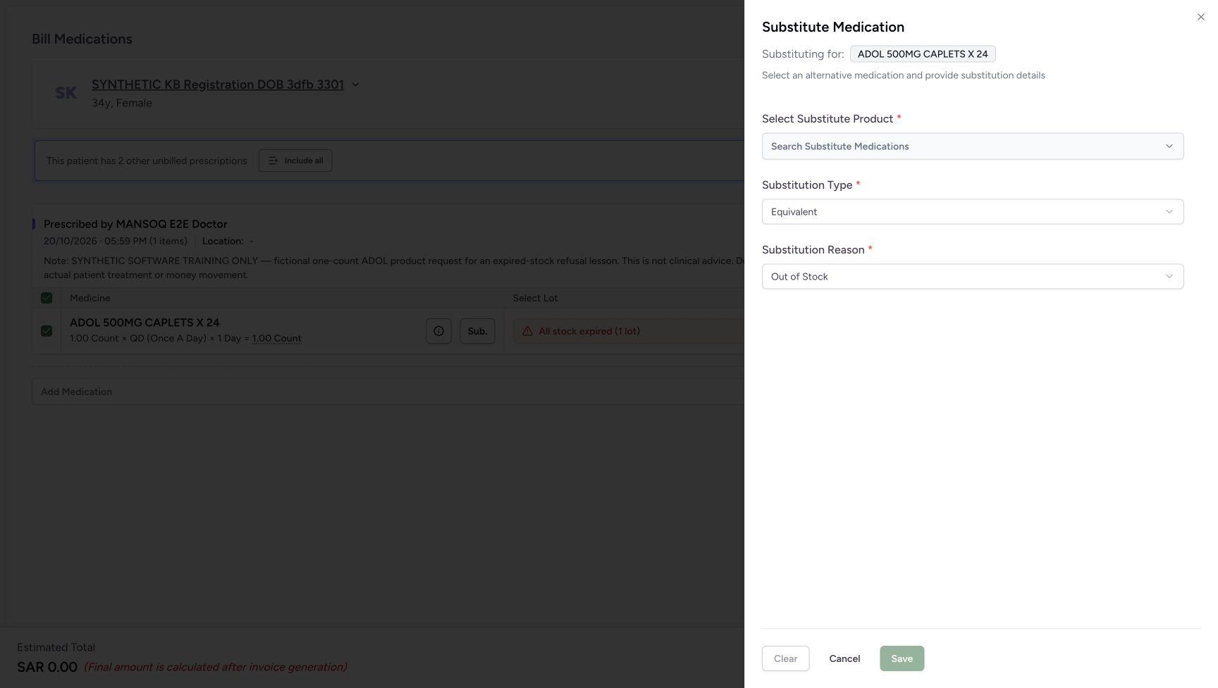 After product Clear Selection, the required replacement field is empty again. Bottom Clear and Save are disabled; Type and Reason remain displayed.