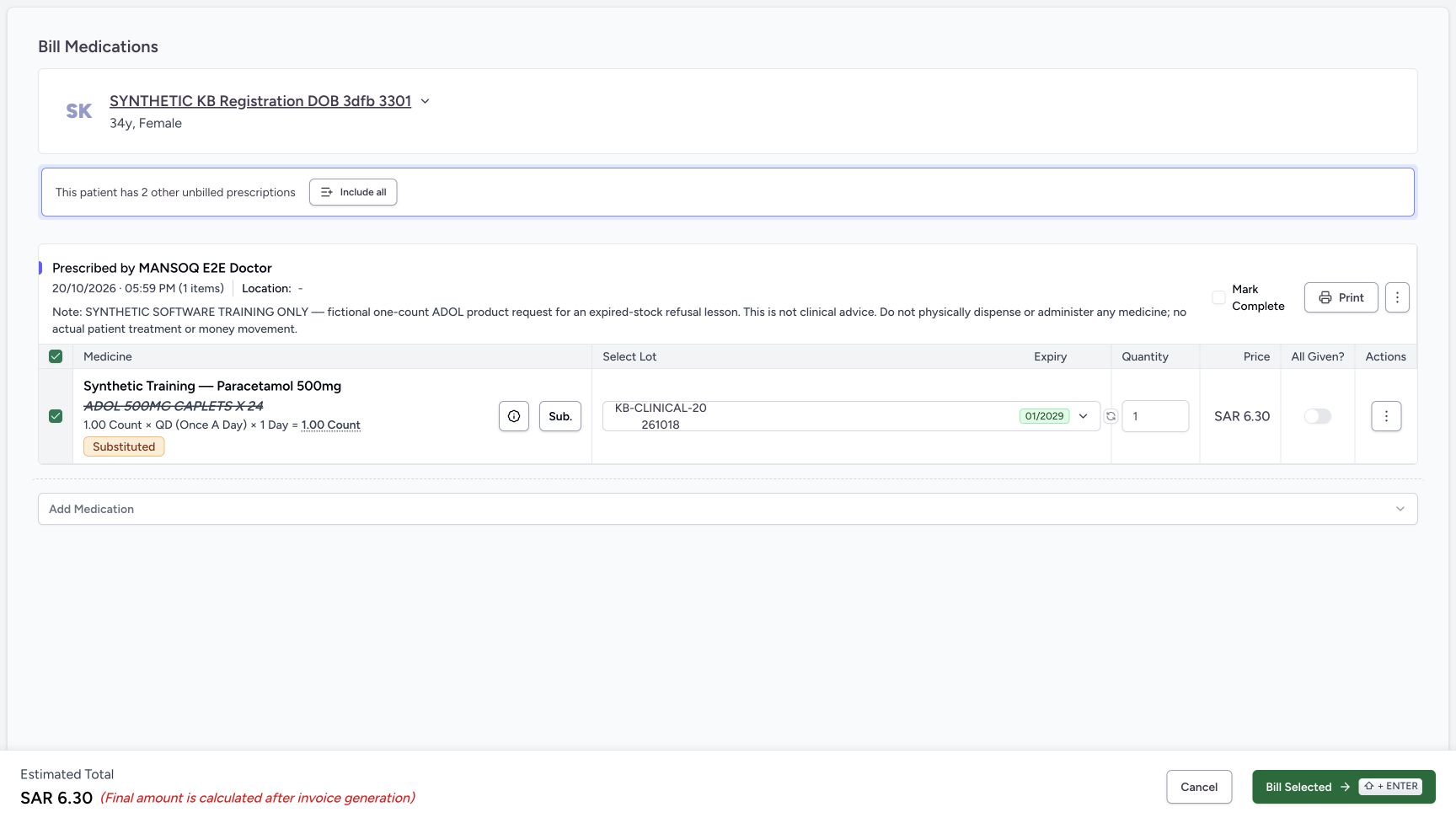 The parent row now shows Synthetic Training — Paracetamol 500mg, original ADOL struck through and a Substituted badge. A January 2029 replacement lot is automatically selected for quantity one and estimate SAR6.30; both completion controls remain OFF.