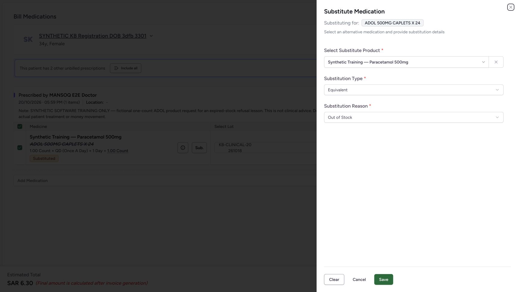 The chooser contains the applied replacement, Type and Reason; bottom Clear is enabled. This control removes the applied substitution and resets selected lots on the parent.
