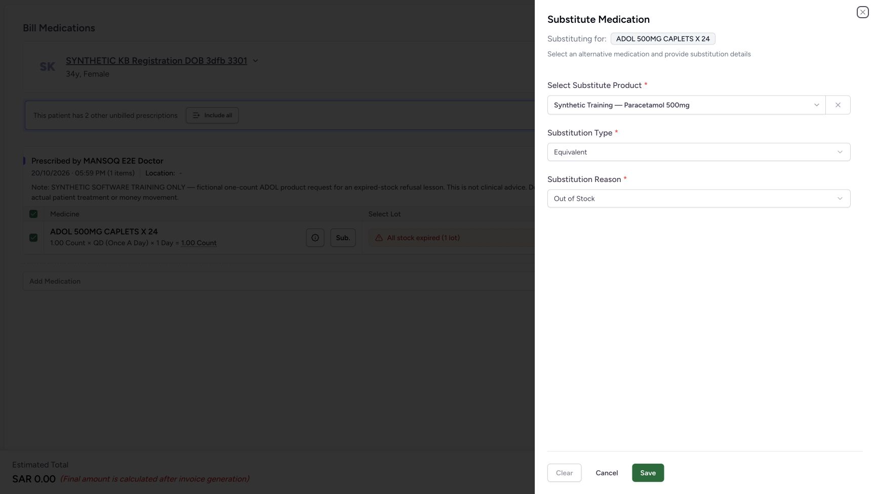 After bottom Clear, the chooser still displays the previous product, Equivalent and Out of Stock. Bottom Clear is disabled because no substitution is applied, while Save is enabled.