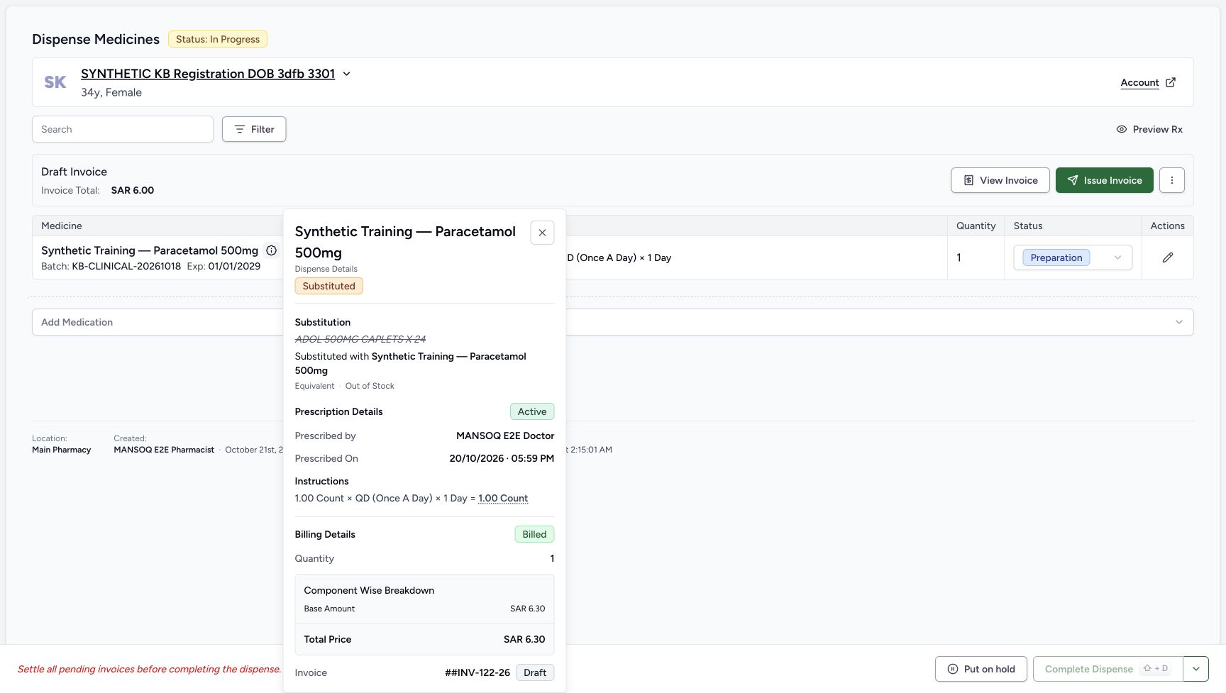 The saved Details shows original ADOL struck through, replacement Synthetic Training — Paracetamol 500mg, Equivalent and Out of Stock. Live Prescription Details shows Active, the prescriber, authored time and dosage. Billing Details shows Billed SAR6.30 and Draft INV-122-26.