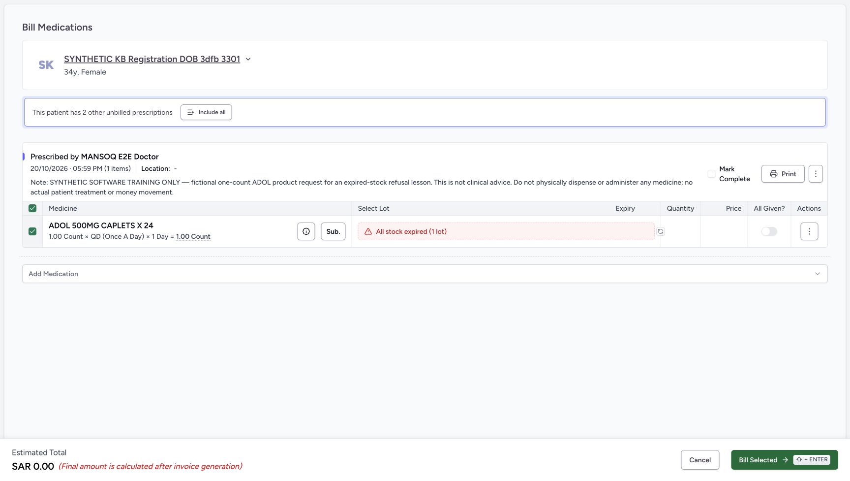 After Cancel, the parent still shows original ADOL, no Substituted badge, the expired-stock message and estimate 0. Both completion controls remain OFF.