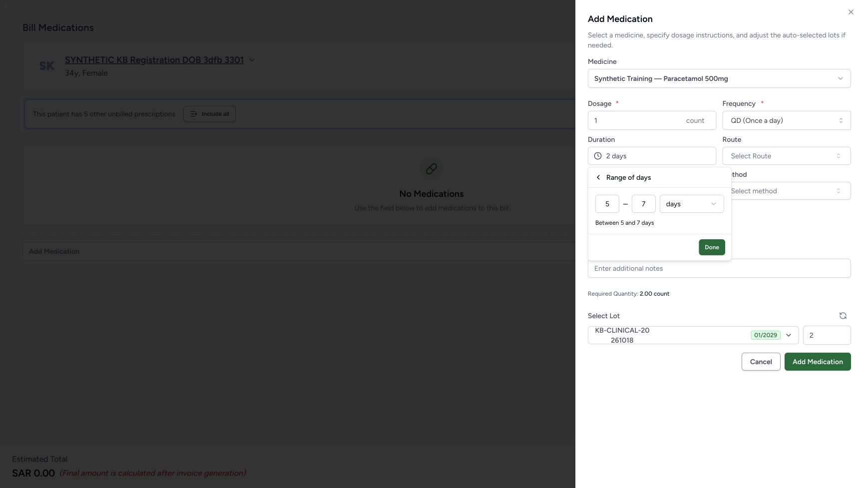 The Range of days editor opens with draft values 5 and 7 days. The Duration field outside the editor still shows the previously selected 2 days until Done is chosen.