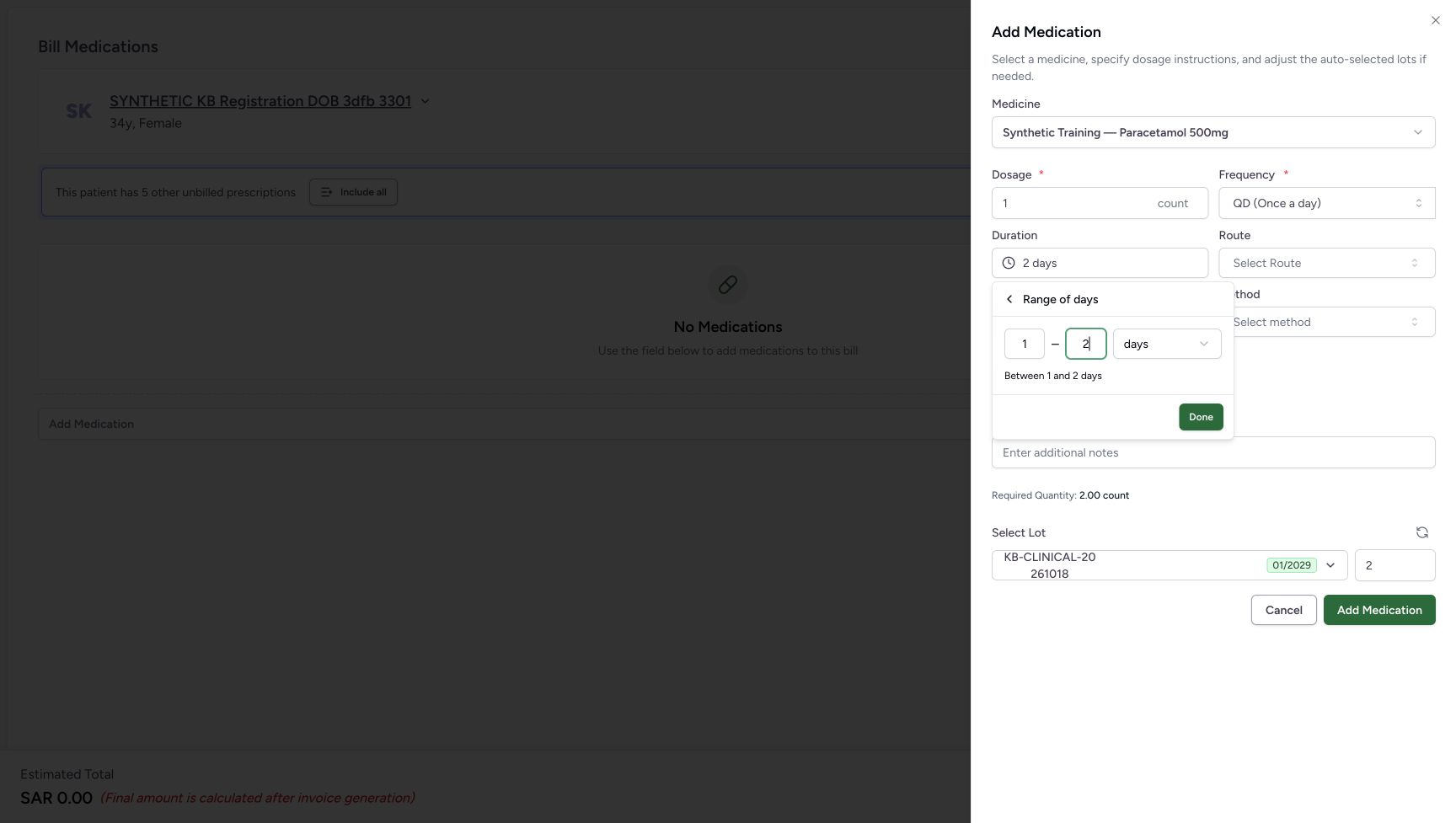 The range fields contain 1 and 2 days. The helper reads Between 1 and 2 days, and Done is enabled. The range is not applied until Done is chosen.