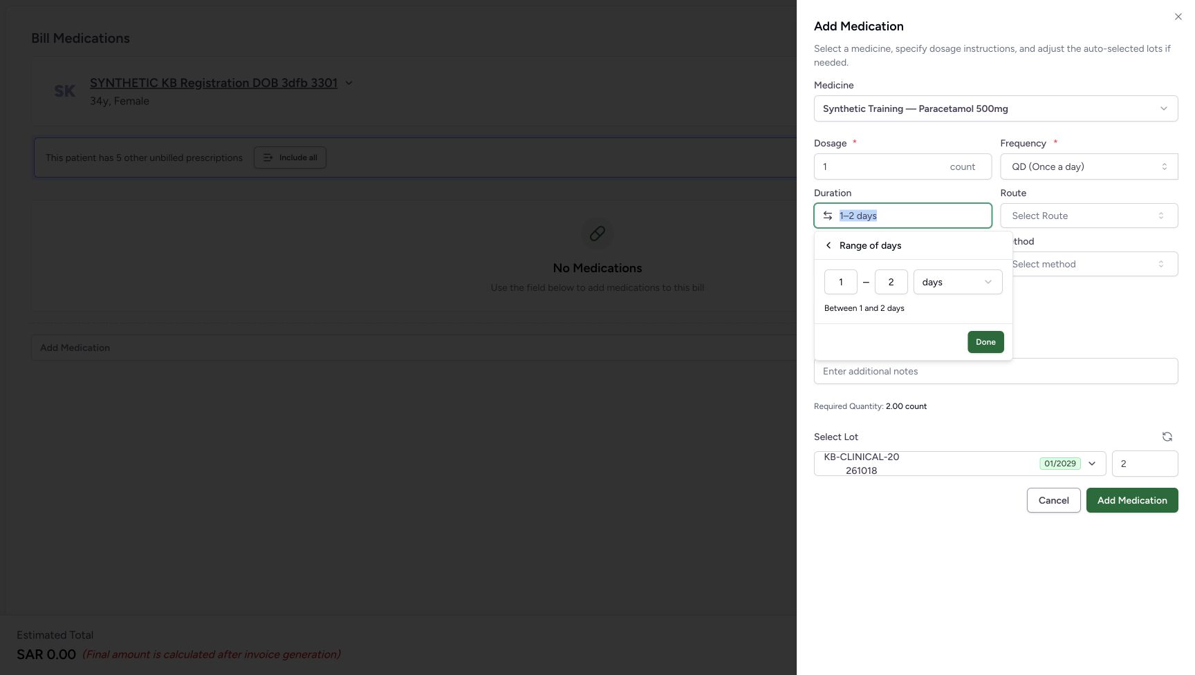 Reopening Duration automatically shows the Range of days editor with 1 and 2 days. The selected 1–2 days remains visible in the Duration field.