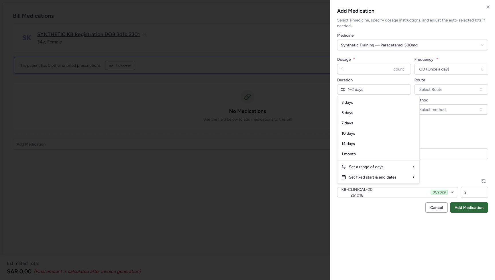 The main Duration list shows fixed suggestions, Set a range of days and Set fixed start & end dates. The selected 1–2 days remains in the field above.