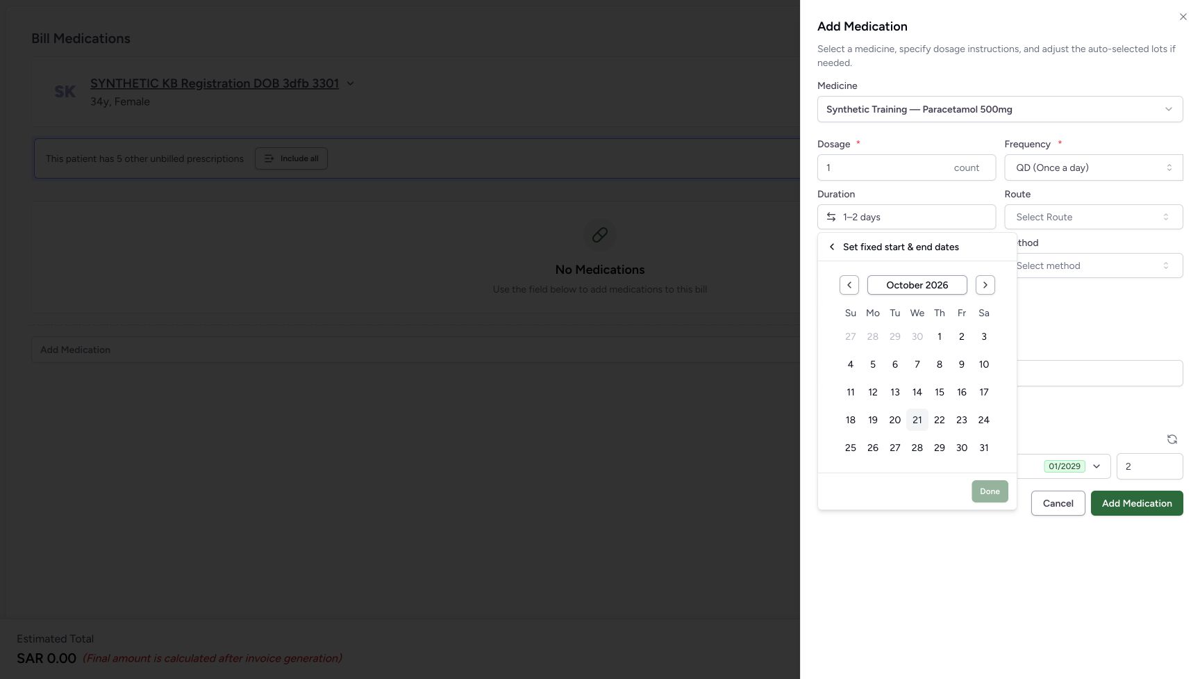 The calendar editor shows October 2026 with no selected endpoints, and Done is disabled. The earlier 1–2 days is still shown outside the draft.