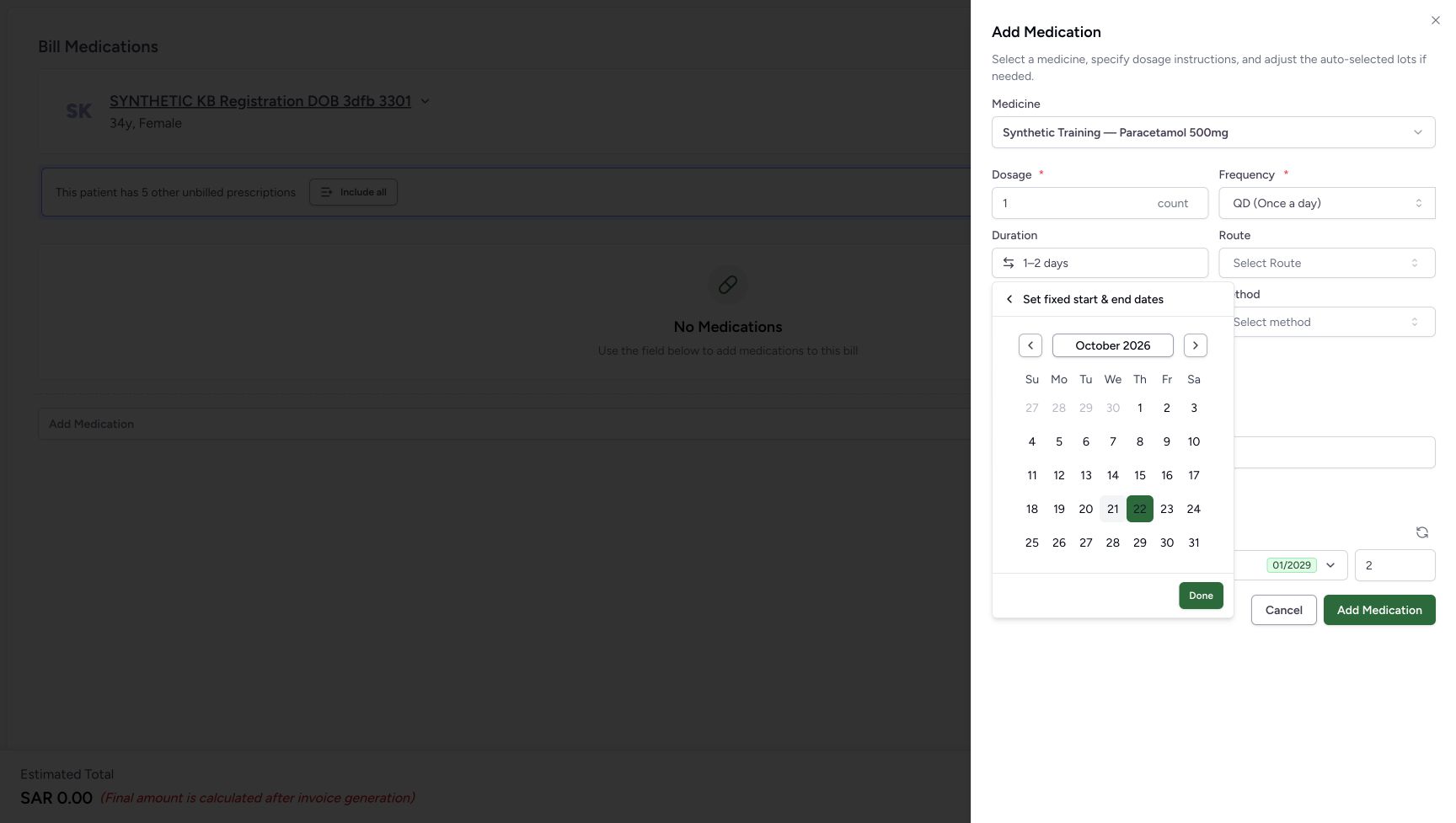 October 22 is selected and Done is enabled after the first date click. This is already a same-day draft; a second click is not required merely to enable Done.