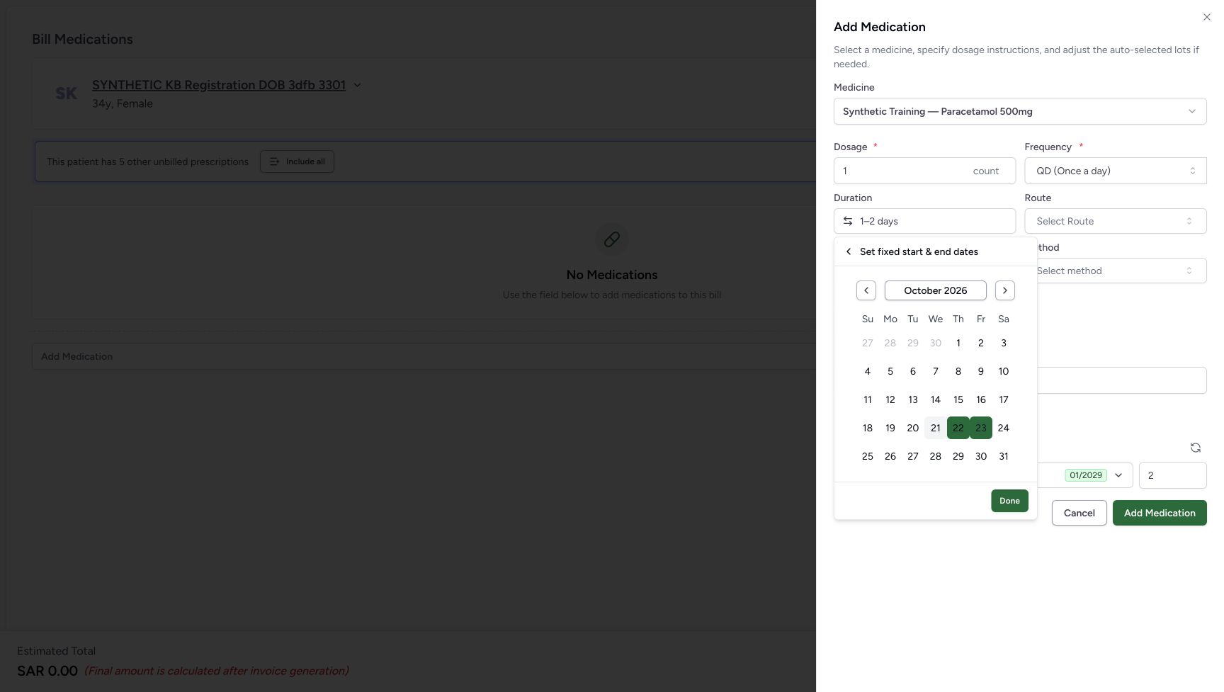 October 22 and October 23 are selected in the calendar and Done is enabled. The earlier 1–2 days remains outside the editor until Done is chosen.