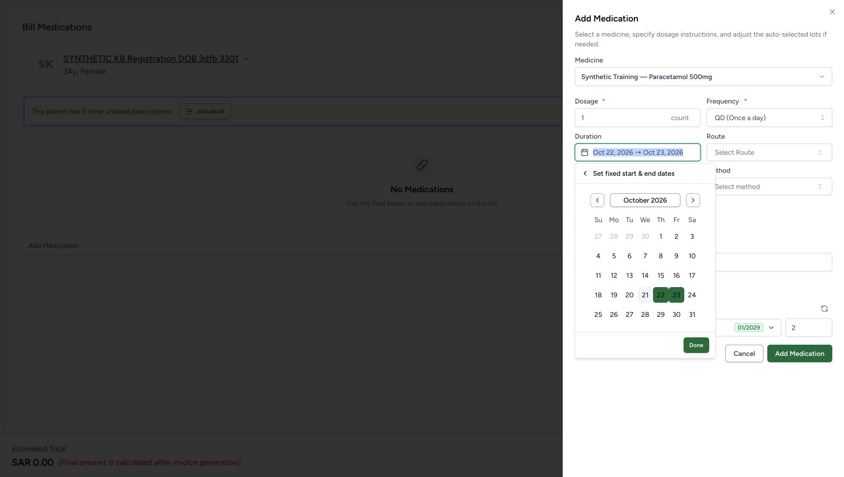 Reopening Duration goes straight to the fixed-date calendar with October 22 and October 23 selected. The field above retains the same date summary.