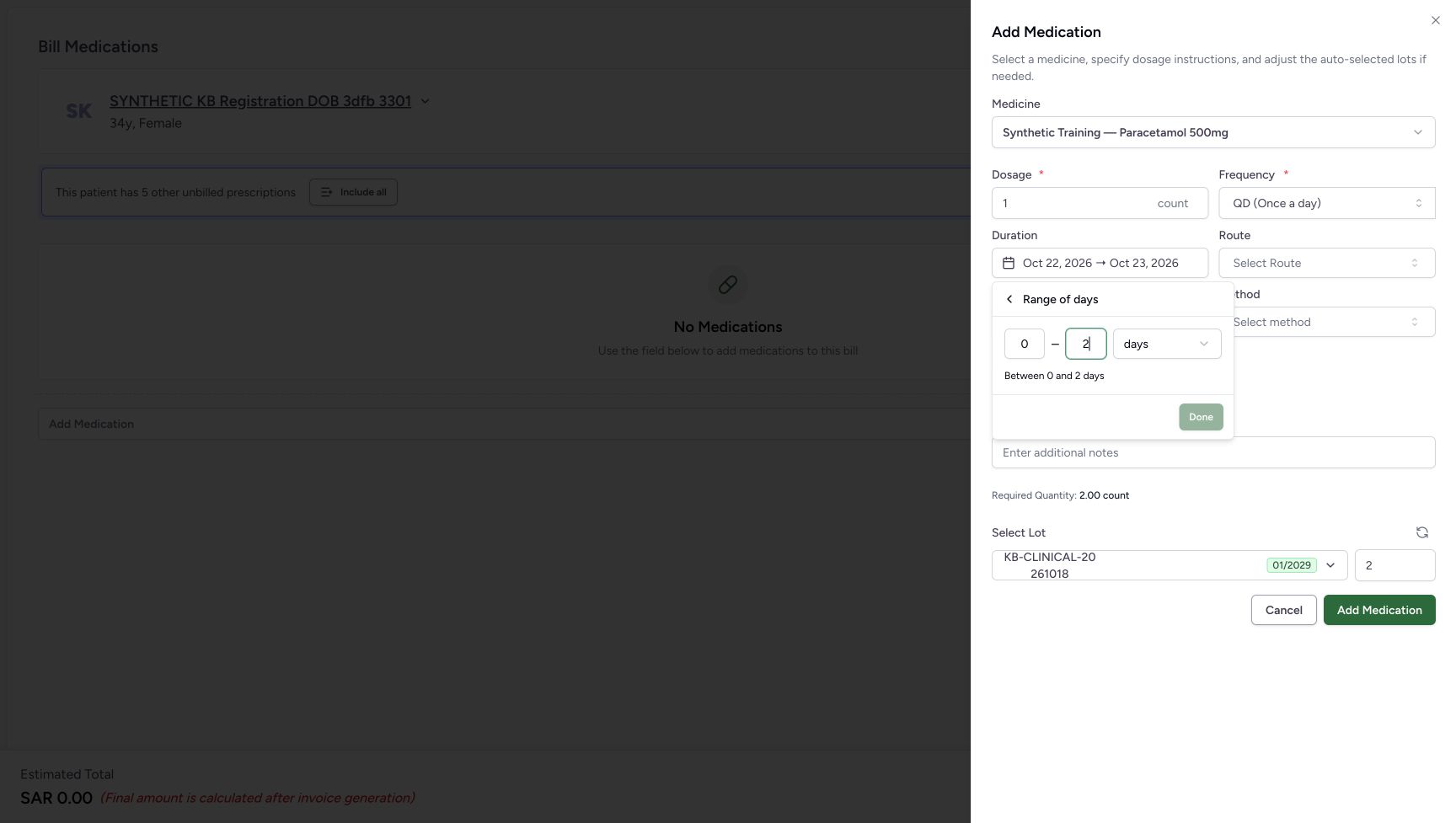 The numeric range draft contains start 0 and end 2 days, and Done is disabled. The previously selected October 22 through October 23 dates remain visible outside the editor.