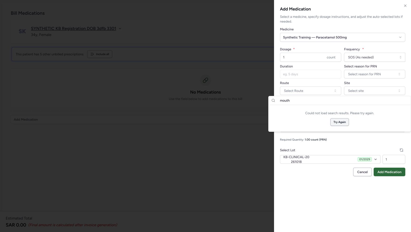 After the single Try Again action, the same Site query is settled at the failed-search message. Try Again remains available.