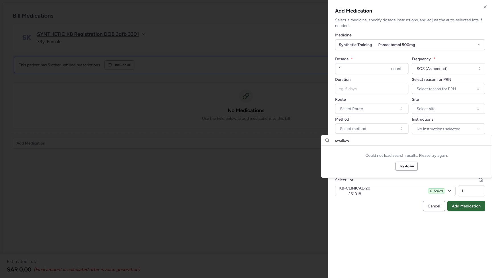 The Method query swallow shows the friendly failed-search message and Try Again. No method is selected.
