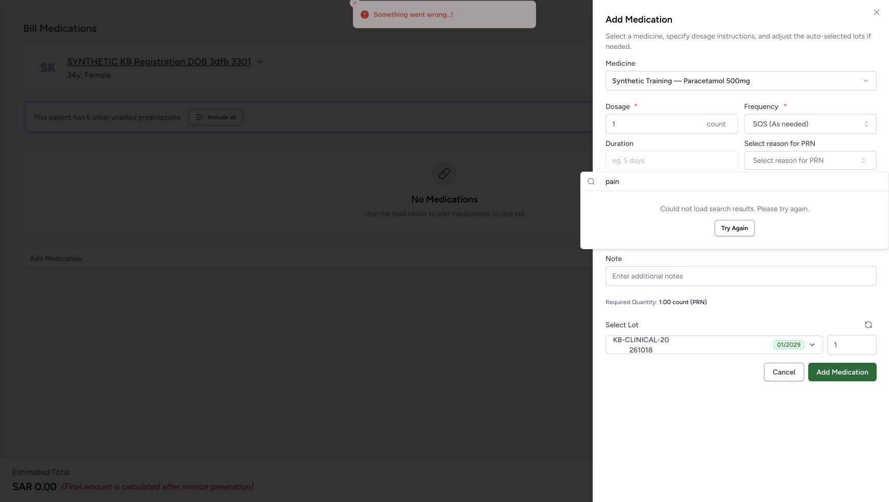 The PRN reason query pain shows the failed-search message and Try Again. A generic error notification is also visible.