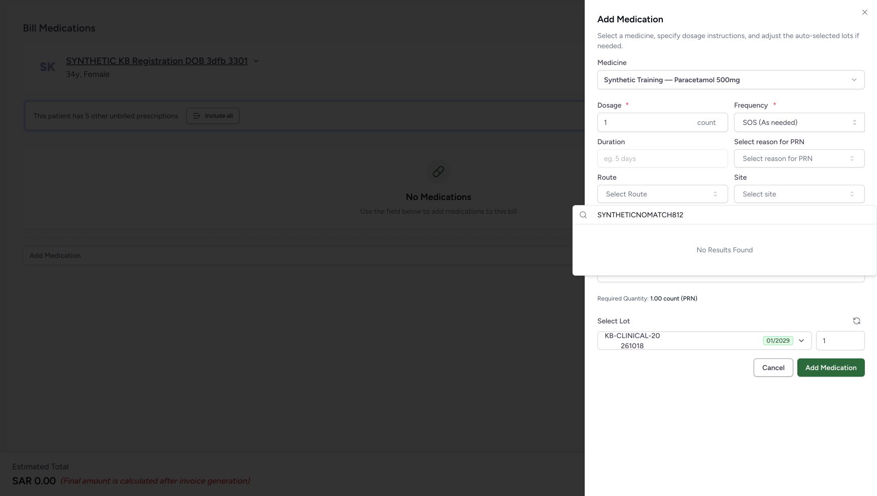 The deliberate Route query SYNTHETICNOMATCH812 shows No Results Found. This completed search is distinct from the failed-search message.