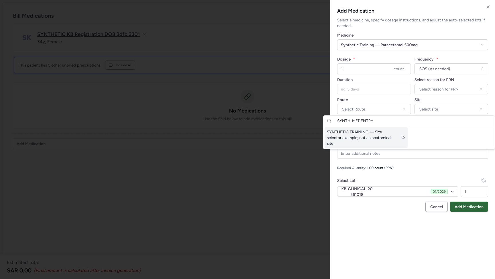 The Site search for SYNTH-MEDENTRY shows SYNTHETIC TRAINING — Site selector example; not an anatomical site. It is not a body-site instruction for this medicine.