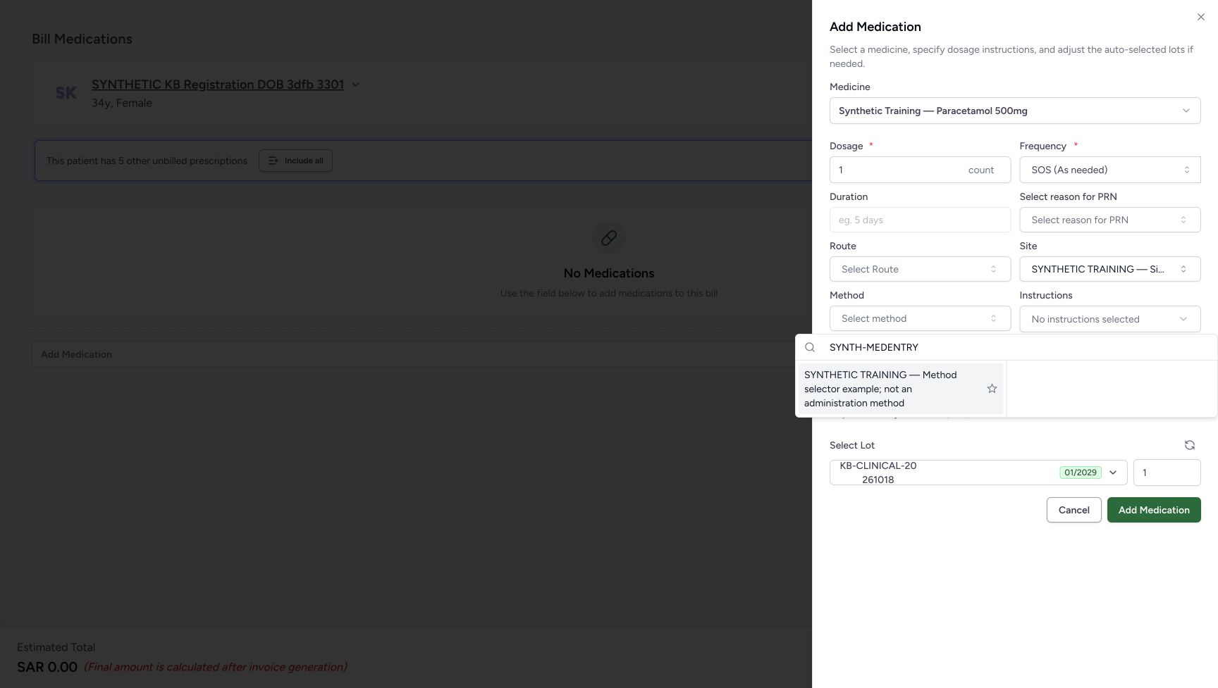The Method search for SYNTH-MEDENTRY shows SYNTHETIC TRAINING — Method selector example; not an administration method. Site remains selected above.