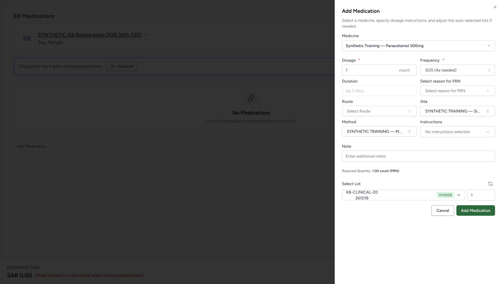 Site and Method contain shortened SYNTHETIC TRAINING labels. Instructions still says No instructions selected, and PRN reason remains blank.