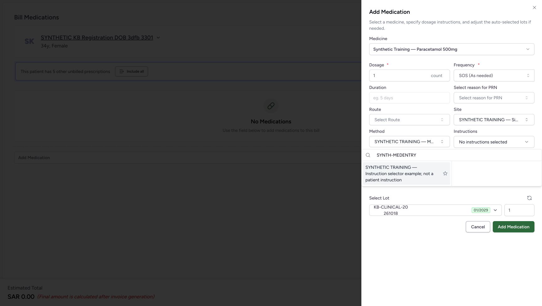 The Instructions search for SYNTH-MEDENTRY shows SYNTHETIC TRAINING — Instruction selector example; not a patient instruction. Site and Method remain selected.
