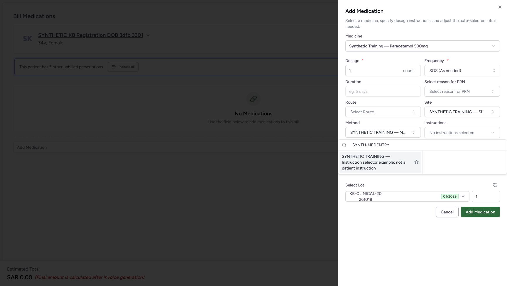 The selected chip is gone and the Instructions trigger says No instructions selected. The same demo term is still a search result. Site and Method remain selected.