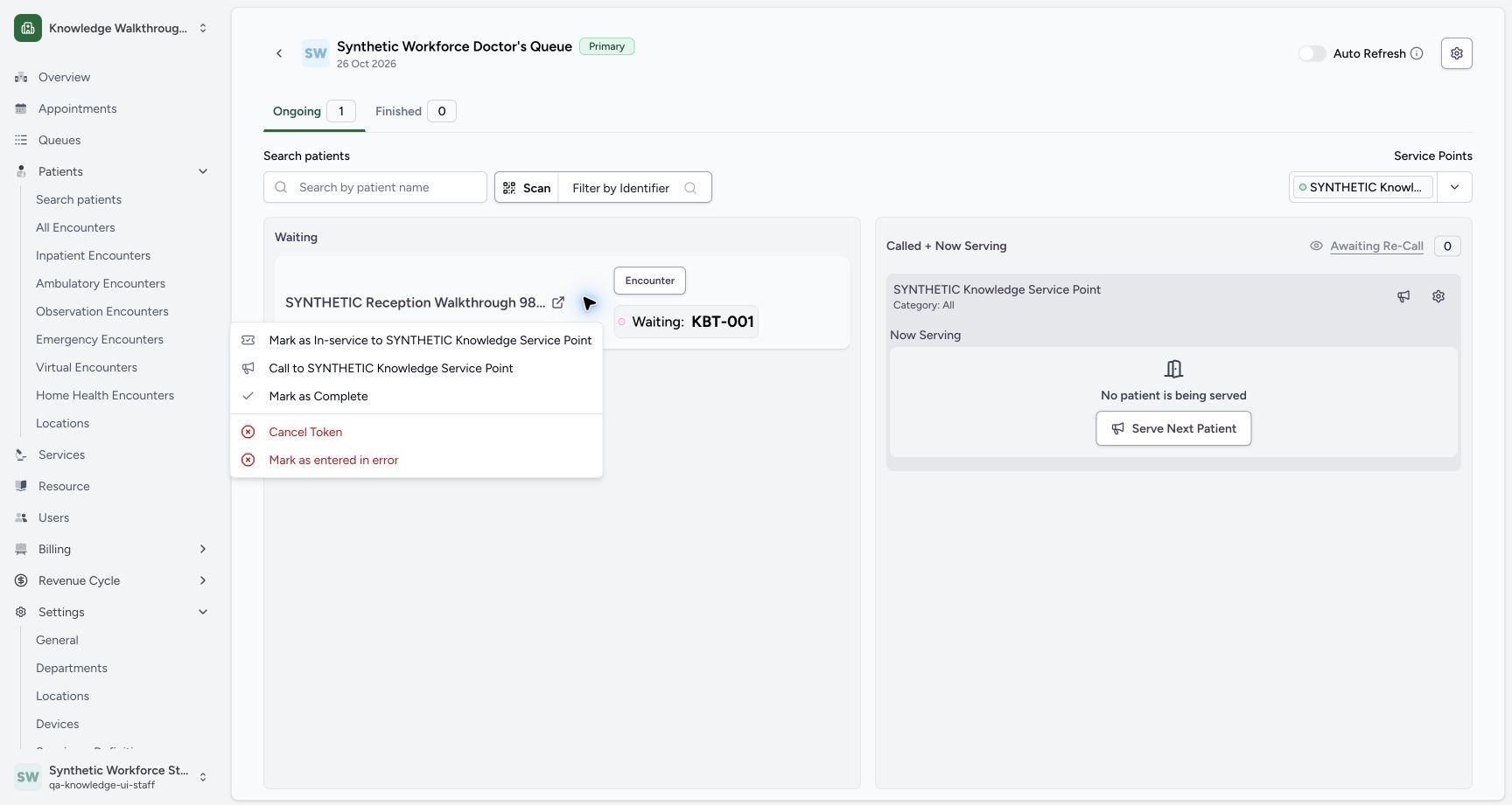 Open the existing Waiting token Actions and review Call to the selected synthetic service point. Actual fictional MANSOQ Staff training.