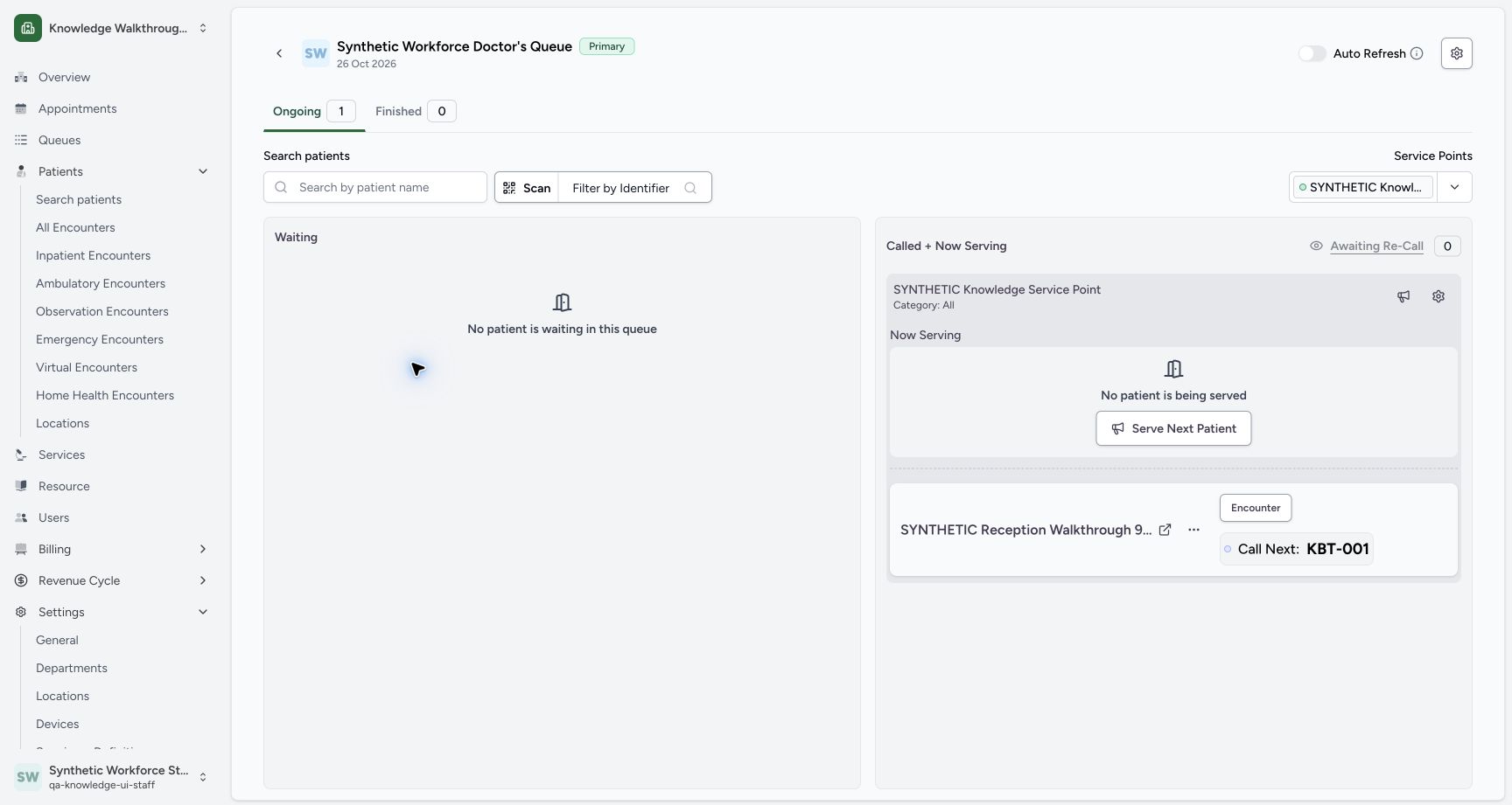 After Call to, KBT-001 moves from Waiting under the selected service point and is labelled Call Next in this version. Actual fictional MANSOQ Staff training.