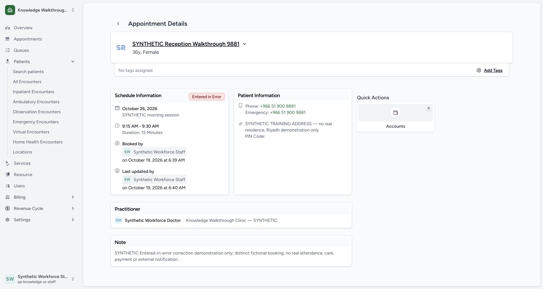 Reload and verify the saved Entered in Error detail. Actual fictional Clinic appointment teaching in MANSOQ.