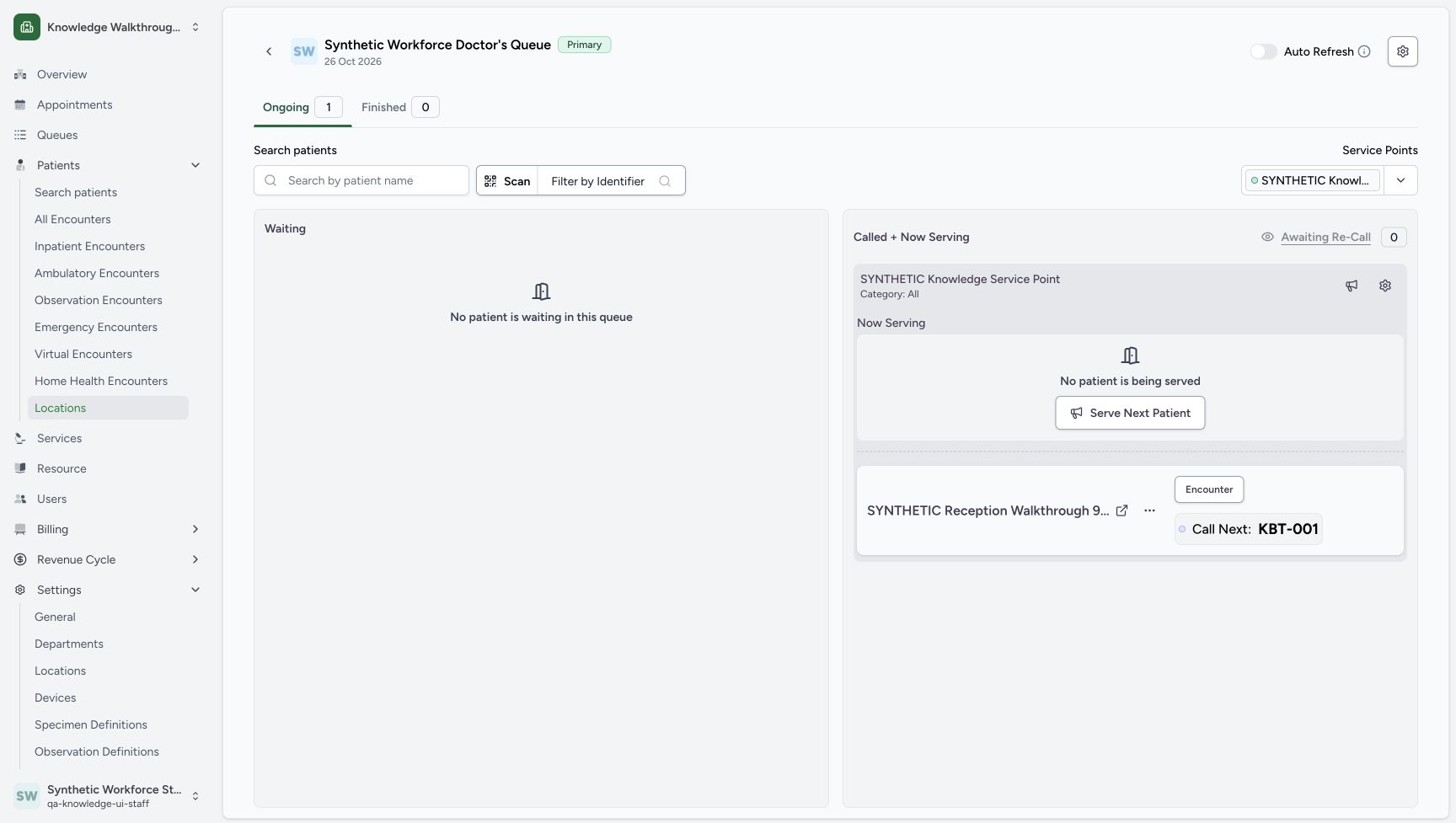 After browser recovery, the saved KBT-001 remains Call Next at the same point and the normal Staff account is visible. Actual fictional MANSOQ Staff training.